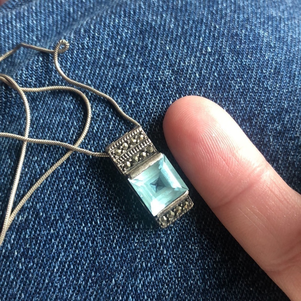 Sterling Silver Hematite and Princess Cut Blue Topaz Necklace with Snake Chain. - Picture 4 of 5